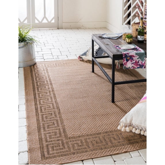 Unique Loom Outdoor Border Collection Area Rug - Greek Key (6' 1" x 9' Rectangle Light Brown/Tan)