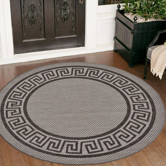 Unique Loom Outdoor Border Collection Area Rug - Greek Key (6' Round Gray/Black)