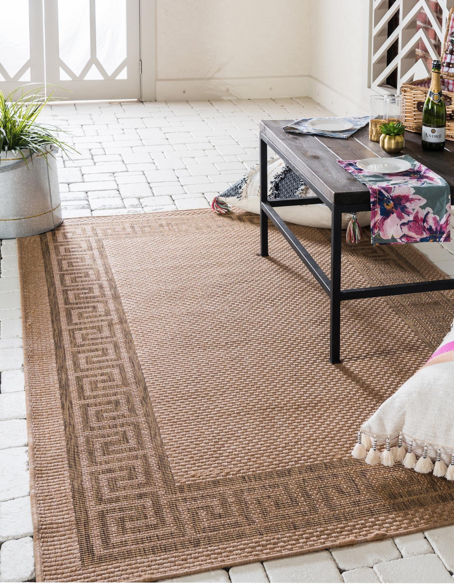 Unique Loom Outdoor Border Collection Area Rug - Greek Key (7' 1" x 9' 7" Rectangle Light Brown/Tan)