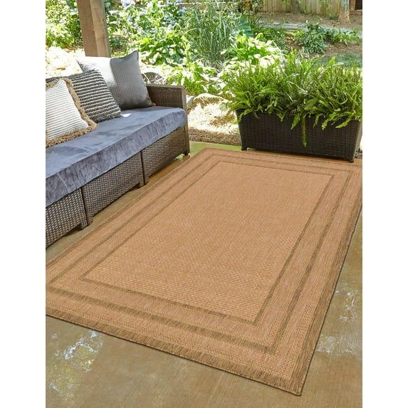 Unique Loom Outdoor Border Collection Area Rug - Multi Border (4' 1" x 6' 1" Rectangle Tan/Light Brown)