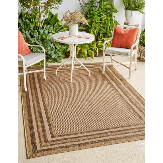 Unique Loom Outdoor Border Collection Area Rug - Multi Border (5' 3" x 8' Rectangle Light Brown/Brown)