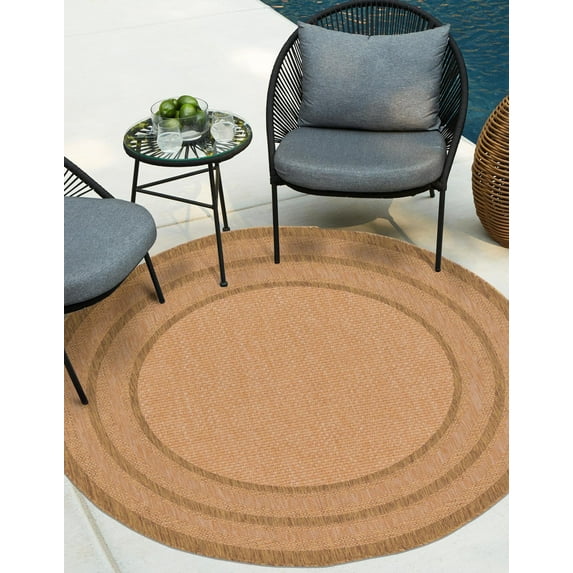 Unique Loom Outdoor Border Collection Area Rug - Multi Border (6' 1" Round Tan/Light Brown)