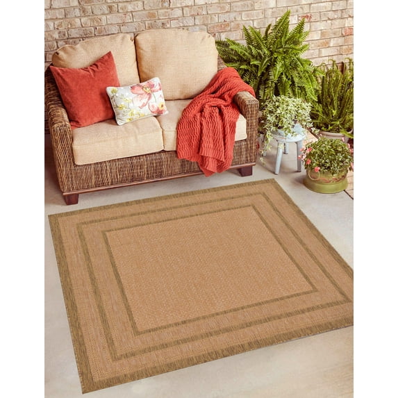 Unique Loom Outdoor Border Collection Area Rug - Multi Border (6' 1" Square Tan/Light Brown)