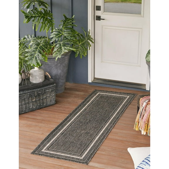 Unique Loom Outdoor Border Collection Area Rug - Soft Border (2' x 6' 1" Runner Black/Ivory)