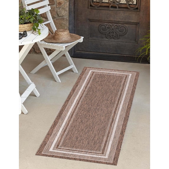 Unique Loom Outdoor Border Collection Area Rug - Soft Border (2' x 6' 1" Runner Brown/Ivory)