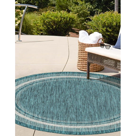 Unique Loom Outdoor Border Collection Area Rug - Soft Border (3' 3" Round Teal/Ivory)