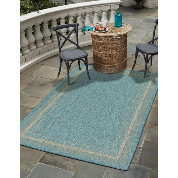 Unique Loom Outdoor Border Collection Area Rug - Soft Border (5' 1" x 8' Rectangle Aquamarine/Ivory)