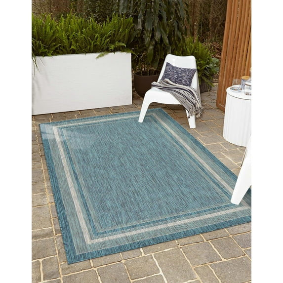 Unique Loom Outdoor Border Collection Area Rug - Soft Border (5' 1" x 8' Rectangle Teal/Ivory)