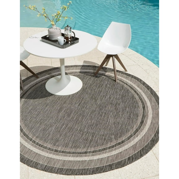 Unique Loom Outdoor Border Collection Area Rug - Soft Border (5' Round Black/Ivory)