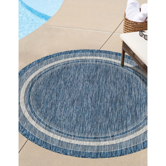 Unique Loom Outdoor Border Collection Area Rug - Soft Border (5' Round Blue/Ivory)