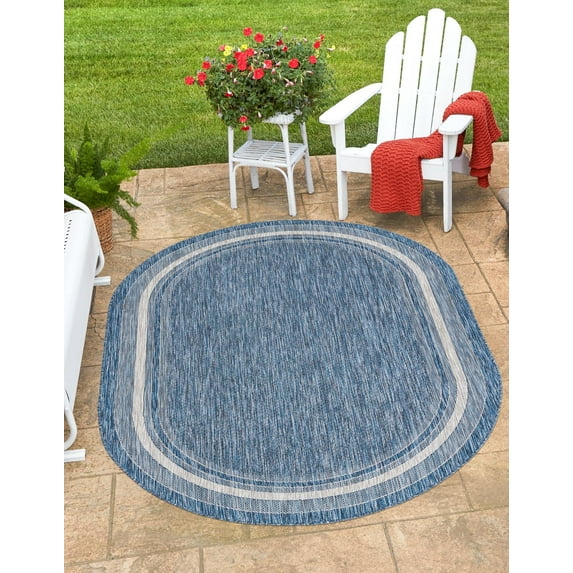 Unique Loom Outdoor Border Collection Area Rug - Soft Border (5' x 8' Oval Blue/Ivory)