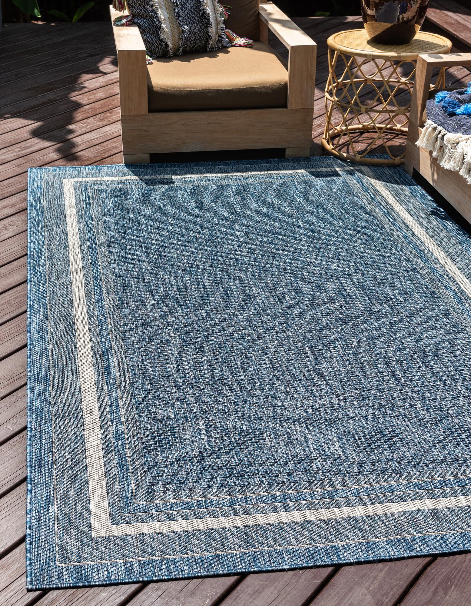 Unique Loom Outdoor Border Collection Area Rug - Soft Border (7' 1" x 10' Rectangle Blue/Ivory)