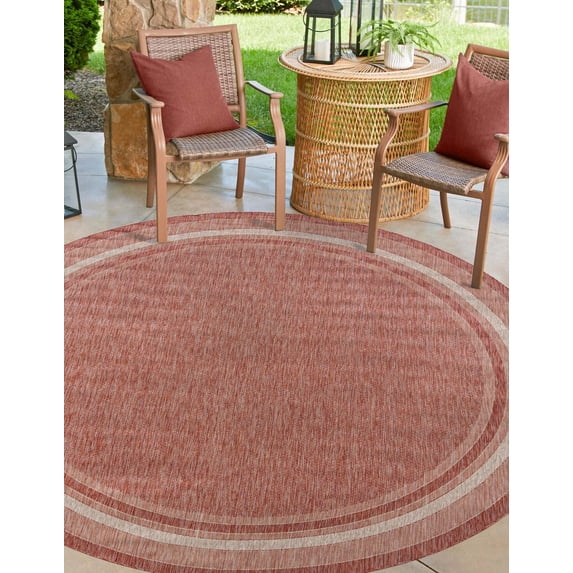 Unique Loom Outdoor Border Collection Area Rug - Soft Border (7' 10" Round Rust Red/Ivory)