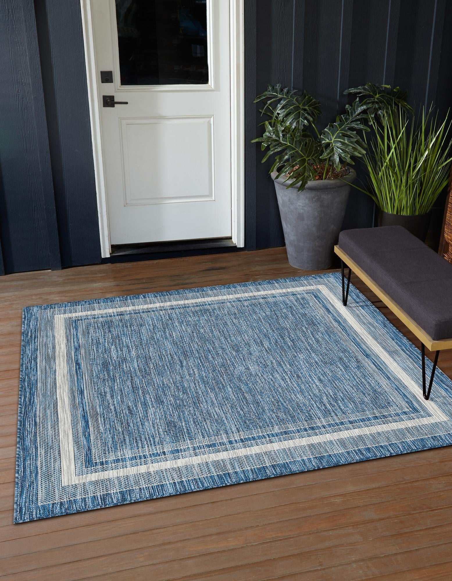 Blue Square Synthetic Flat Woven Outdoor Rug