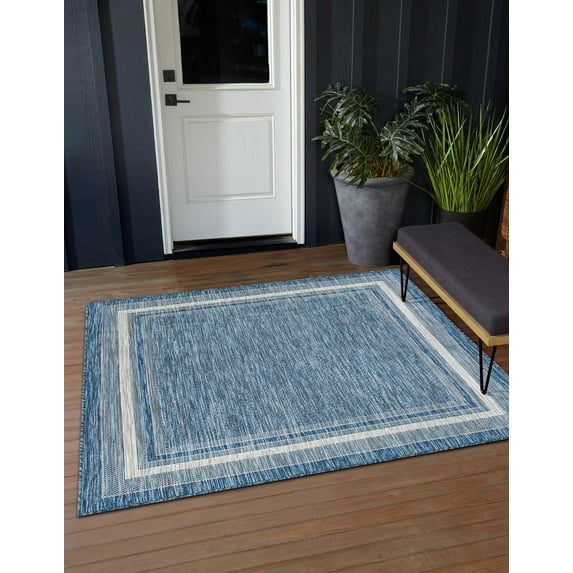Unique Loom Outdoor Border Collection Area Rug - Soft Border (7' 10" Square Blue/Ivory)