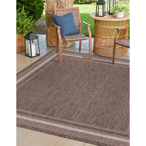 Unique Loom Outdoor Border Collection Area Rug - Soft Border (7' 10" Square Brown/Ivory)