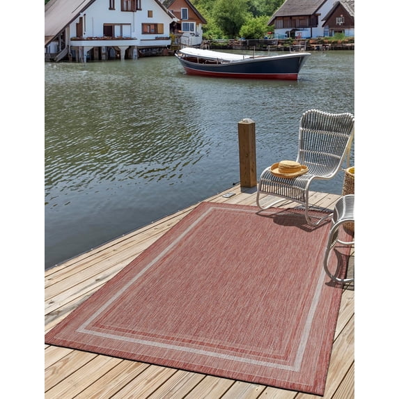 Unique Loom Outdoor Border Collection Area Rug - Soft Border (7' 10" x 10' Rectangle Rust Red/Ivory)