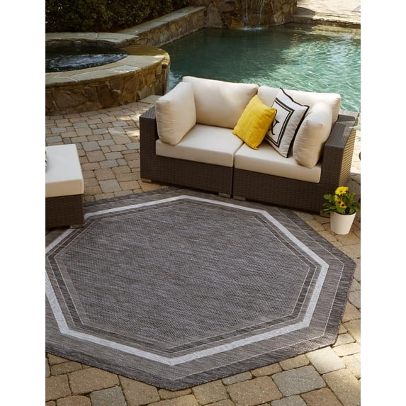 Unique Loom Outdoor Border Collection Area Rug - Soft Border (8' Octagon Black/Ivory)