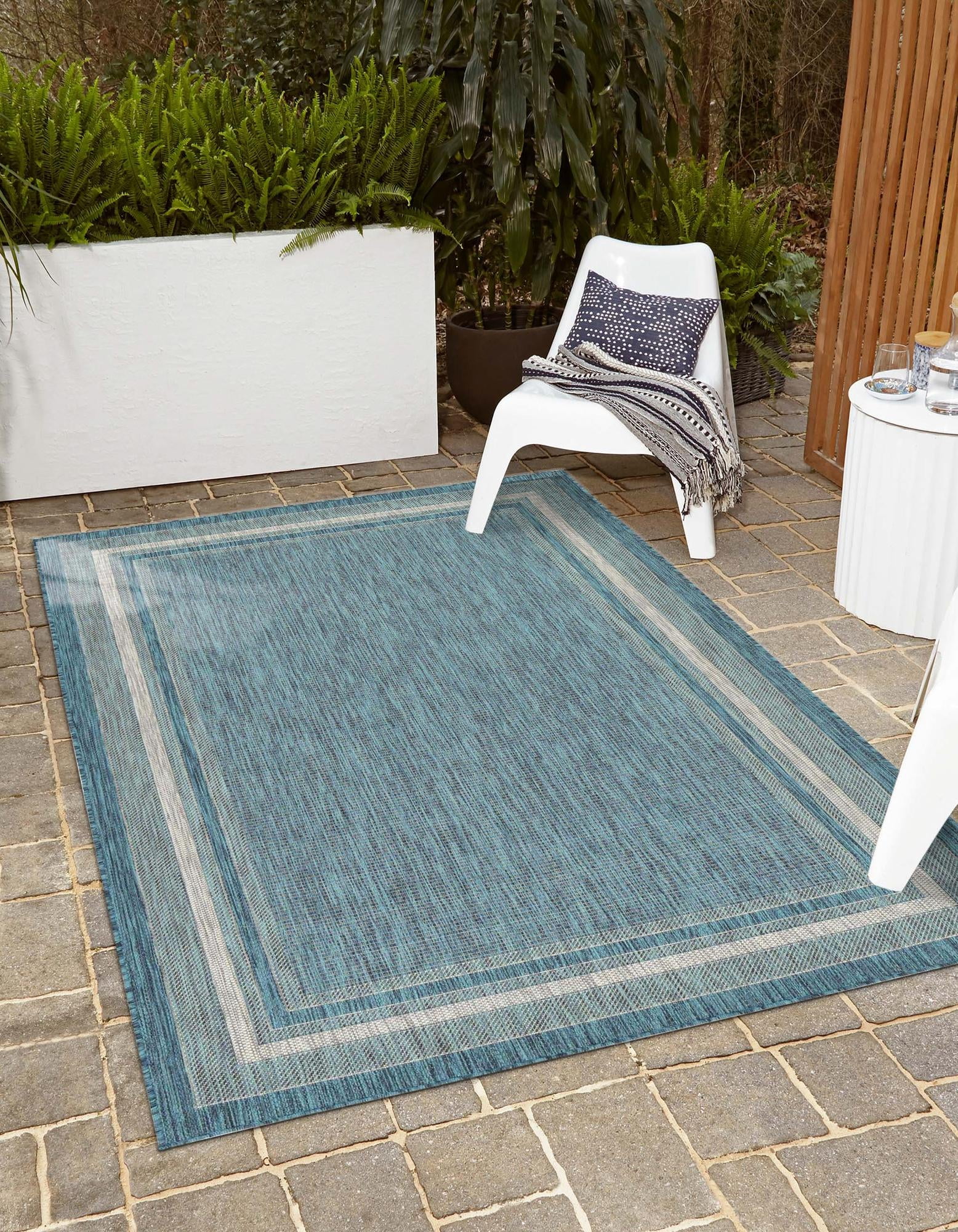 Teal and Beige Synthetic Flat Woven 9' x 12' Outdoor Rug