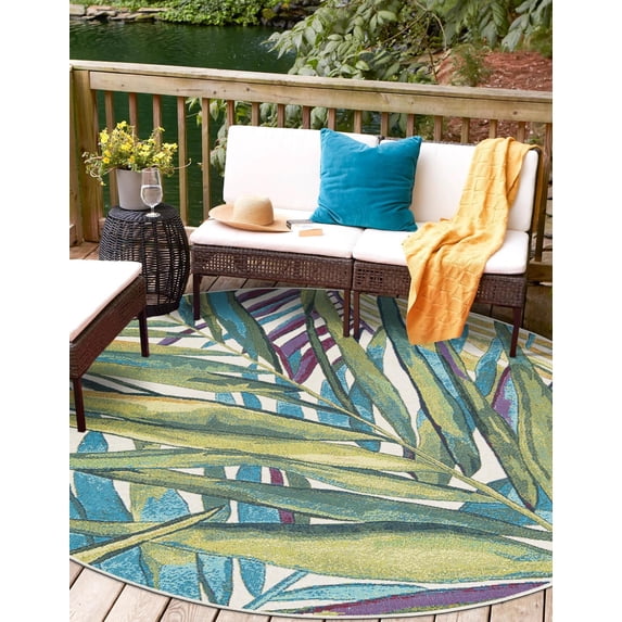 Unique Loom Outdoor Botanical Collection Area Rug - Jungle (10' Round Multi/Blue)