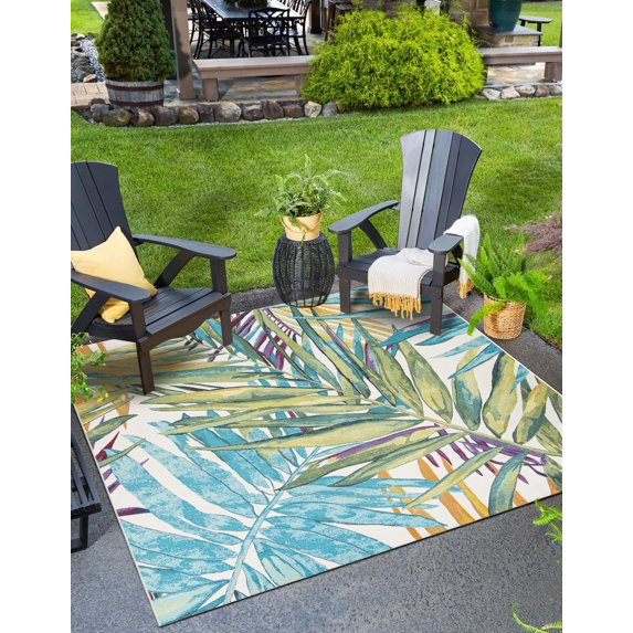 Unique Loom Outdoor Botanical Collection Area Rug - Jungle (10' Square Multi/Blue)