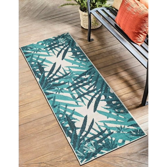 Unique Loom Outdoor Botanical Collection Area Rug - Sprig (2' 7" x 12' Runner Teal blue/Navy Blue)