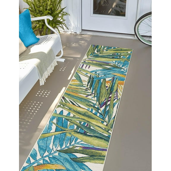 Unique Loom Outdoor Botanical Collection Area Rug - Jungle (2' x 6' 1" Runner Multi/Blue)