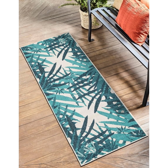 Unique Loom Outdoor Botanical Collection Area Rug - Sprig (2' x 6' 1" Runner Teal blue/Navy Blue)