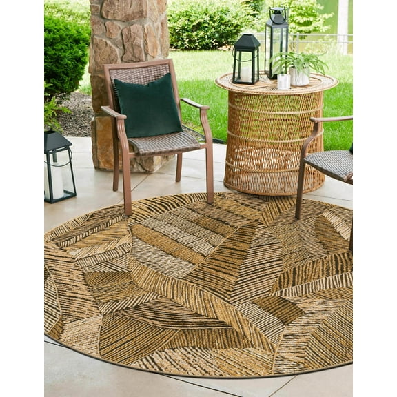Unique Loom Outdoor Botanical Collection Area Rug - Wildwood (4' 1" Round Brown and Beige/Yellow)