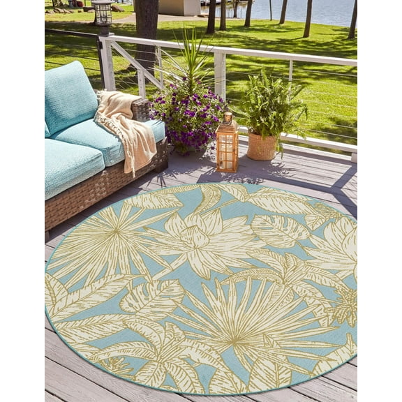 Unique Loom Outdoor Botanical Collection Area Rug - Gardenia (4' 1" Round Soft Blue/Olive)