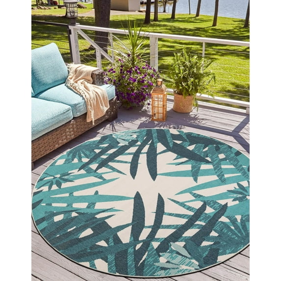 Unique Loom Outdoor Botanical Collection Area Rug - Sprig (4' 1" Round Teal blue/Navy Blue)