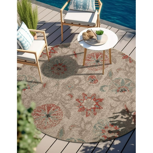Unique Loom Outdoor Botanical Collection Area Rug - Fern (5' 1" Round Beige/Light Brown)