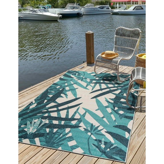 Unique Loom Outdoor Botanical Collection Area Rug - Sprig (5' 1" x 8' Rectangle Teal blue/Navy Blue)
