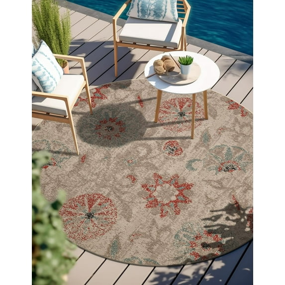 Unique Loom Outdoor Botanical Collection Area Rug - Fern (6' 1" Round Beige/Light Brown)