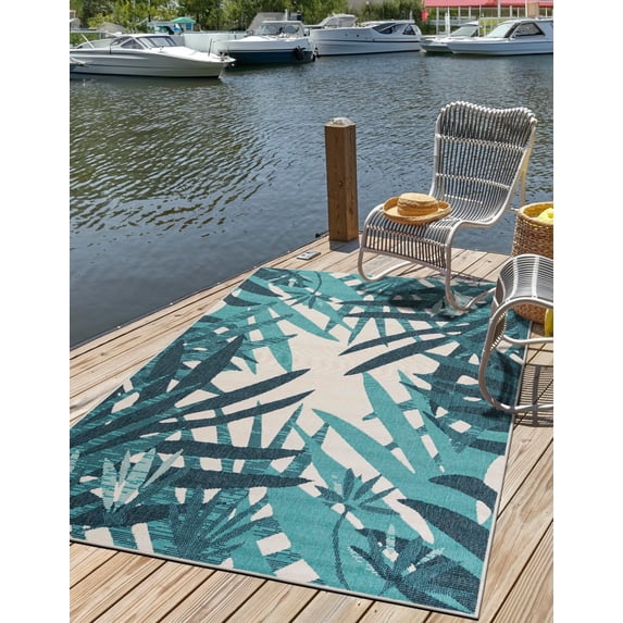 Unique Loom Outdoor Botanical Collection Area Rug - Sprig (6' 1" x 9' Rectangle Teal blue/Navy Blue)