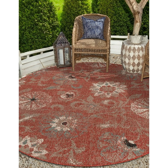 Unique Loom Outdoor Botanical Collection Area Rug - Fern (7' 10" Round Terracotta/Ivory)