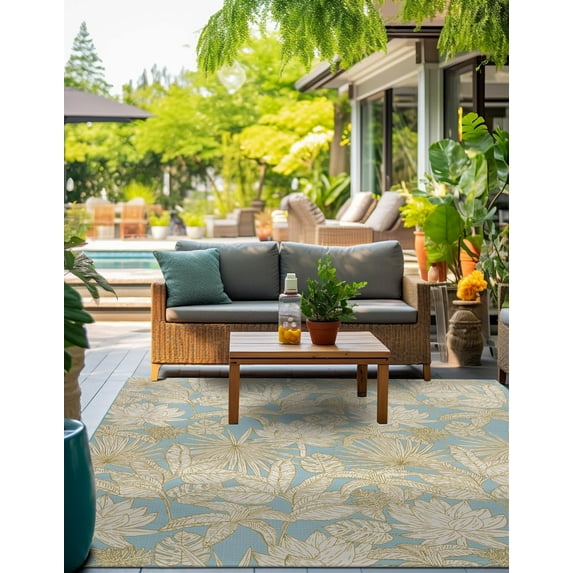 Unique Loom Outdoor Botanical Collection Area Rug - Gardenia (7' 10" Square Soft Blue/Olive)