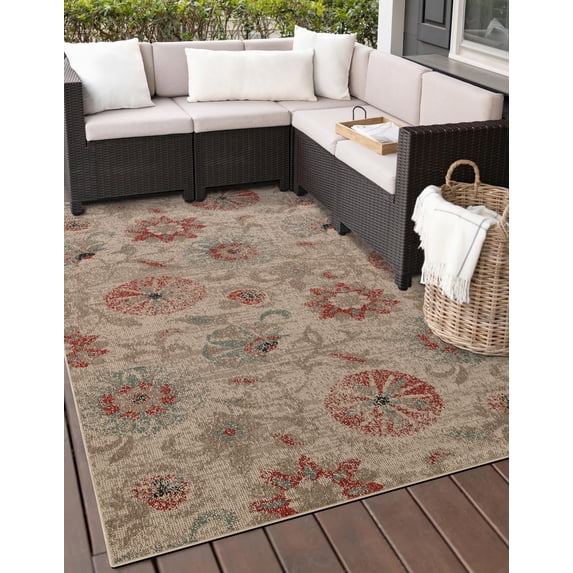 Unique Loom Outdoor Botanical Collection Area Rug - Fern (7' 10" x 10' Rectangle Beige/Light Brown)