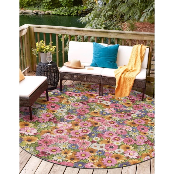 Unique Loom Outdoor Botanical Collection Area Rug - Petal (8' Round Multi/Blue)