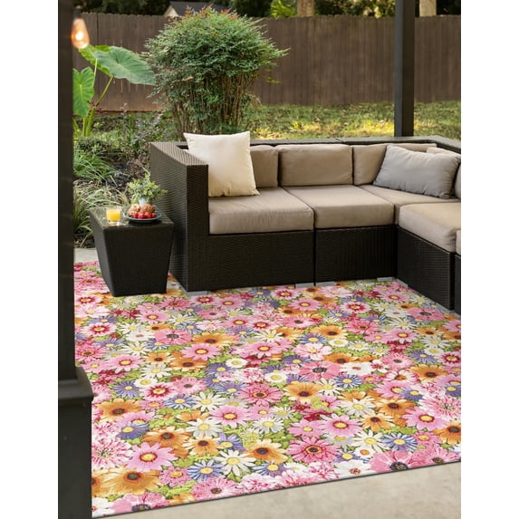 Unique Loom Outdoor Botanical Collection Area Rug - Petal (8' Square Multi/Blue)
