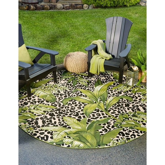 Unique Loom Outdoor Botanical Collection Area Rug - Andromeda (7' 1" Round Green/Ivory)