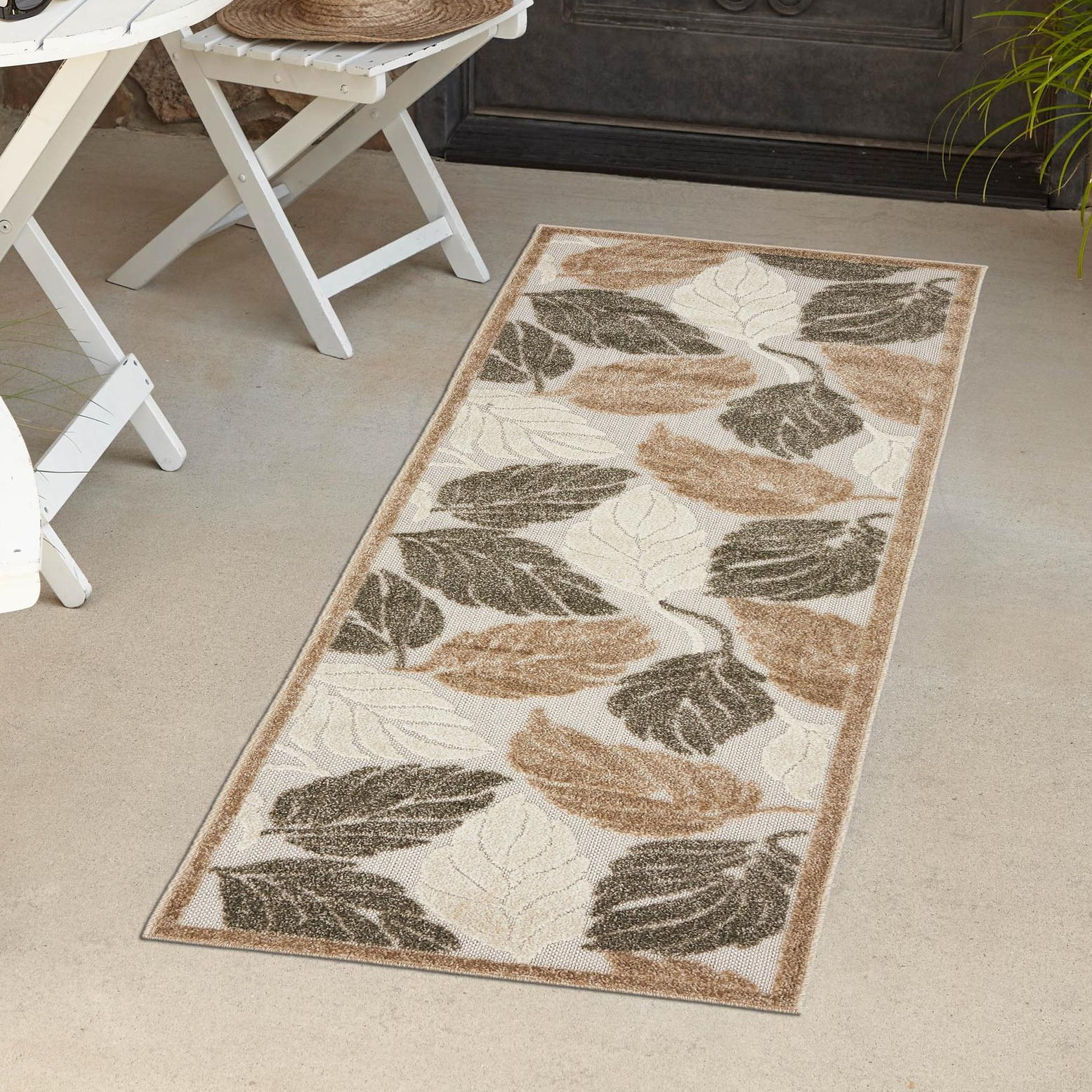 Tranquil Leaf Pattern 2' x 6' Runner Rug in Beige and Brown for Indoor/Outdoor Use
