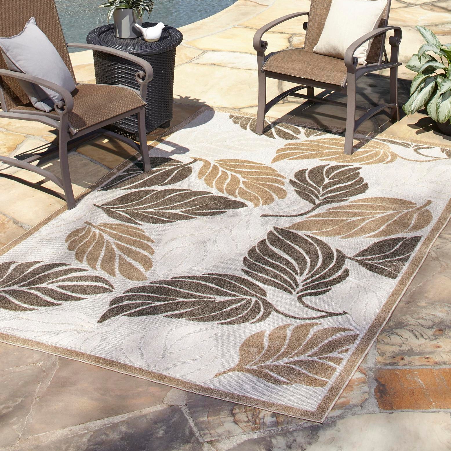 Beige and Brown Synthetic Abstract Outdoor Rectangular Rug