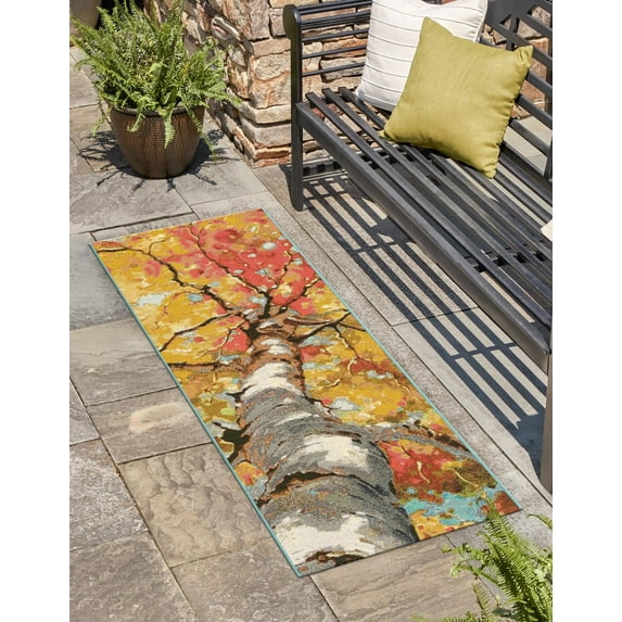 Unique Loom Outdoor Botanical Collection Area Rug - Autumn (2' x 8' Runner Multi/Red)