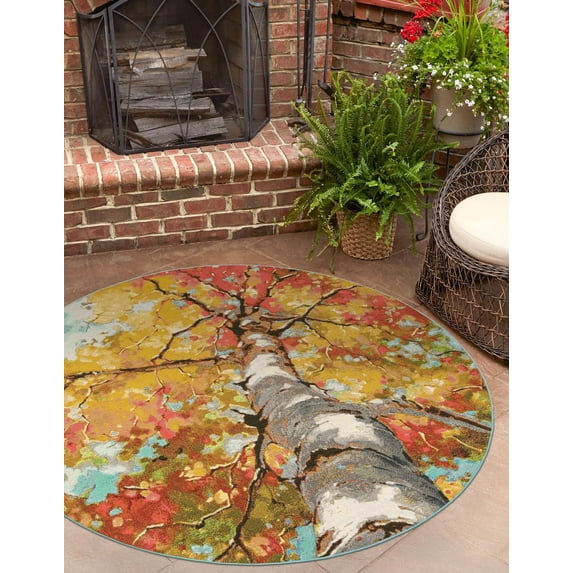Unique Loom Outdoor Botanical Collection Area Rug - Autumn (3' 3" Round Multi/Red)