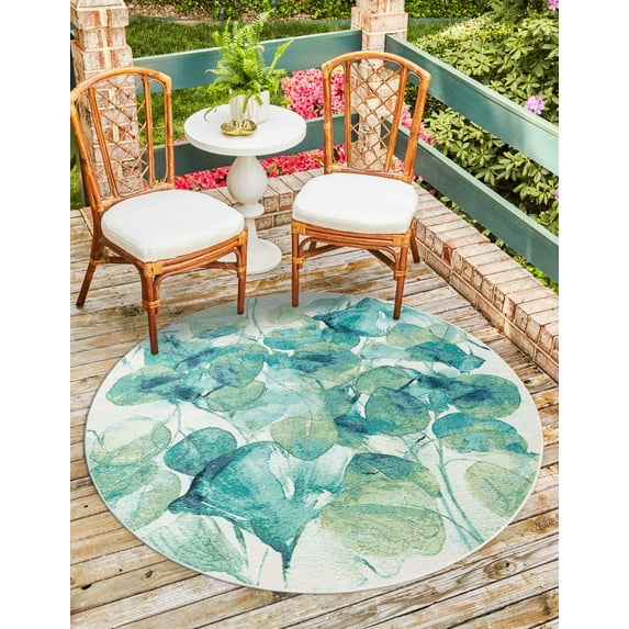 Unique Loom Outdoor Botanical Collection Area Rug - Beryl (10' Round Blue Green/Light Blue)