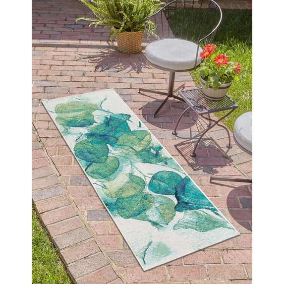Unique Loom Outdoor Botanical Collection Area Rug - Beryl (2' x 8' Runner Blue Green/Light Blue)