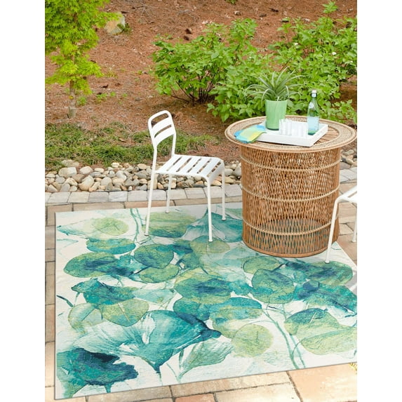 Unique Loom Outdoor Botanical Collection Area Rug - Beryl (7' 10" Square Blue Green/Light Blue)