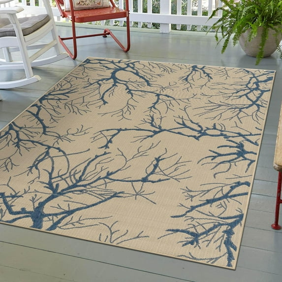 Unique Loom Outdoor Botanical Collection Area Rug - Branch (2' x 3' 1" Rectangle Beige and Blue/Blue)