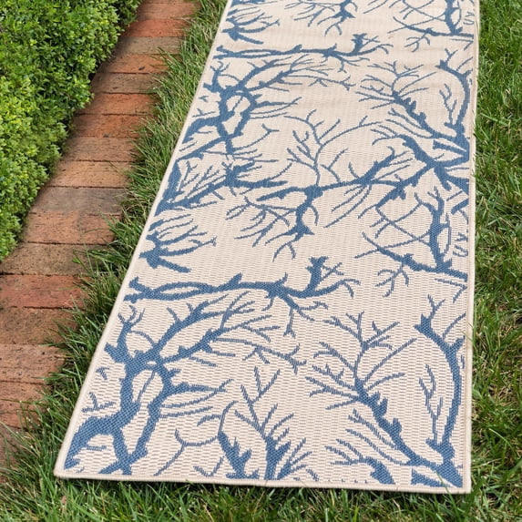 Unique Loom Outdoor Botanical Collection Area Rug - Branch (2' x 6' 1" Runner Beige and Blue/Blue)